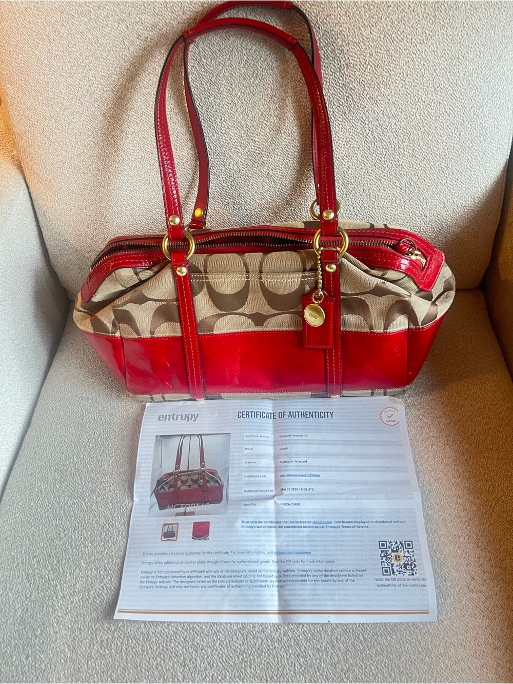 VINTAGE 2008 Coach Red Signature Canvas and Patent Leather Tote